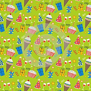 Birthday seamless pattern with cakes hat gifts and stars