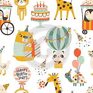 Birthday seamless pattern with cute animals. Vector hand drawn cartoon illustration of festive elements and funny