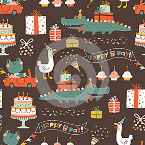 Birthday seamless pattern with cute animals. Vector hand drawn cartoon illustration of festive elements and funny