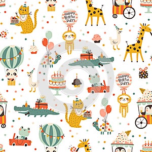 Birthday seamless pattern with cute animals. Vector hand drawn cartoon illustration of festive elements and funny