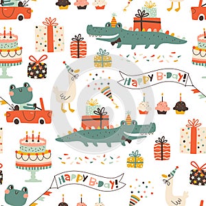 Birthday seamless pattern with cute animals. Vector hand drawn cartoon illustration of festive elements and funny