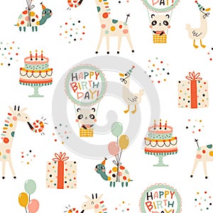 Birthday seamless pattern with cute animals. Vector hand drawn cartoon illustration of festive elements and funny