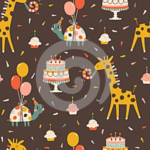Birthday seamless pattern with cute animals. Vector hand drawn cartoon illustration of festive elements and funny