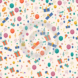 Birthday seamless pattern with flowers and balloons, Ice Cream gifts, Confetti.