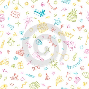 Birthday seamless pattern. Happy Birthday. Hand drawn party theme. Cute doodle background