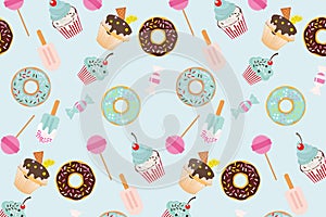Birthday seamless pattern with sweets on pastel blue