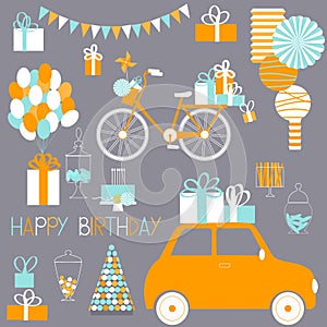 Birthday set with car, gifts, cake, sweets, balloons. Vector il