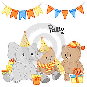Birthday set of cute animals for holiday card or invitation. Cartoon style. Vector illustration