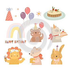 Birthday set. cute animals at the holiday. party for kids happy birthday birthday. rainbow and cute zoo characters