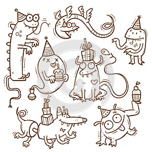 Birthday set with cute cartoon monsters in party hats. Vector doodle collection. Little funny animal print. Ð¡ake and gift poster.