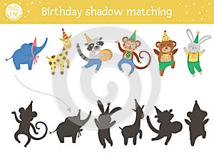 Birthday shadow matching activity for children. Fun puzzle with cute animals in party hats. Holiday celebration educational game