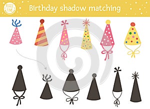 Birthday shadow matching activity for children. Fun puzzle with cute party hats. Holiday celebration educational game for kids.