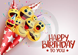 Birthday smiley bouquet vector design. Happy birthday to you greeting text in red empty space with smiley emoji in party hat.
