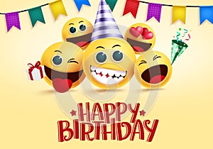 Birthday smiley emojis vector greeting. Happy birthday greeting text in empty space for messages with yellow smileys emoji.