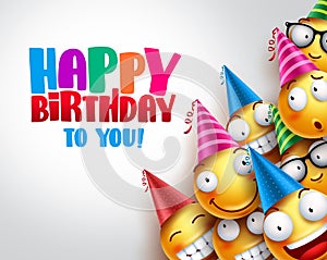 Birthday smileys vector background design with yellow funny and happy emoticons