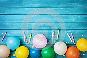 Birthday table with colorful balloons, confetti and candles top view. Party background. Festive greeting card.