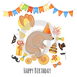 Birthday template with teddy bear for holiday card or invitation. Cartoon style. Vector illustration.