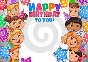 Birthday vector design banner with faces cute kids