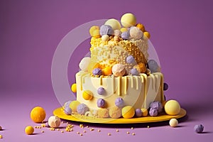 Birthday yellow cake decorated with sweets, balls on a violet background, Generative AI
