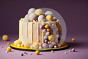 Birthday yellow cake decorated with sweets, balls on a violet background, Generative AI