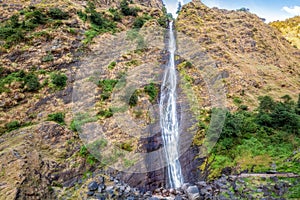 Birthi waterfall with mountain landscape at hill station Munsiyari Uttarakhand India.