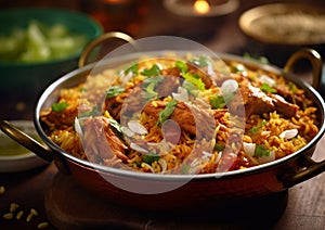 Biryani with chicken,basmati rice and vegetables in pan on table.Macro.AI Generative