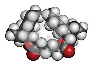 Bis(2-ethylhexyl) adipate (DEHA, diisooctyl adipate) plasticizer molecule. Atoms are represented as spheres with conventional photo