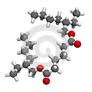 Bis(2-ethylhexyl) adipate (DEHA, diisooctyl adipate) plasticizer molecule. 3D rendering.  Atoms are represented as spheres with photo