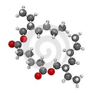 Bis(2-ethylhexyl) adipate (DEHA, diisooctyl adipate) plasticizer molecule. 3D rendering.  Atoms are represented as spheres with photo