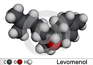 Bisabolol, alpha-Bisabolol, levomenol molecule. It is natural monocyclic sesquiterpene alcohol, used in various fragrances.