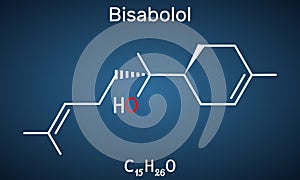 Bisabolol, alpha-Bisabolol, levomenol molecule. Structural chemical formula on the dark blue background.