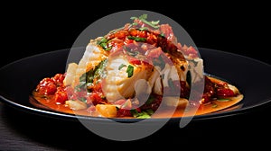 Biscayan cod dish  on black background.A traditional dish of Basque Spanish gastronomy