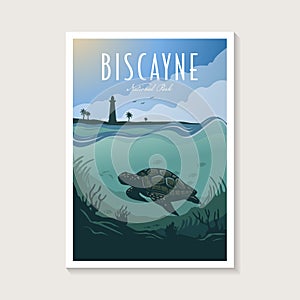 Biscayne National Park poster illustration, Sea turtle underwater diving poster