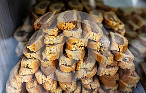 Biscotti on display in a store window.