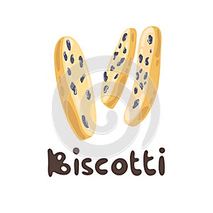 Biscotti with raisins as a traditional italian pastry on white background. Vector biscotti illustration. Hand drawn