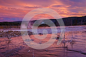 Biscuit basin with purple reflection on a steamy water and beautiful colorful sunset. Yellowstone, Wyoming