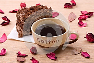 Biscuit cake with cup of coffee