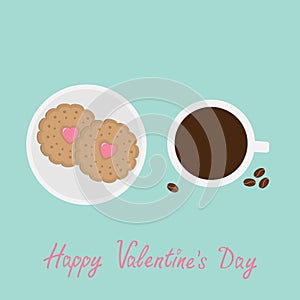 Biscuit cookie cracker with pink heart on the plate Cup of coffee, beans. Happy Valentines Day. Flat design.