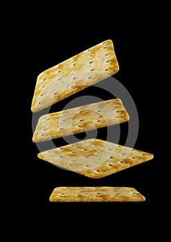Biscuit cream cracker flying neatly on black background, 3D illustration