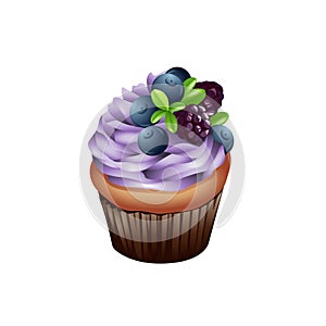 biscuit cupcake with purple topping cream and berries