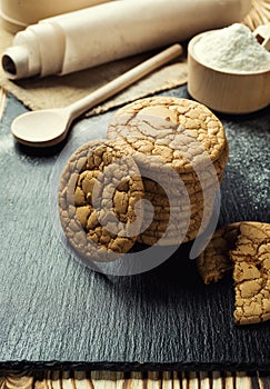 Biscuit sweet cookie background. Domestic stacked butter biscuit