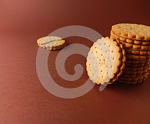 biscuits and broken isolated, round biscuits on brown background,close up