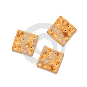 Biscuits isolated on white background. Top view, flat lay. Dry unsweetened crackers photo