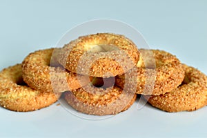 Shortbread biscuits lie on a white background.