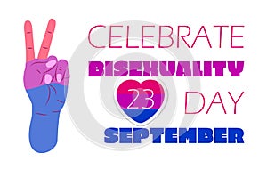 Bisexuality day concept vector. Hand is painted in bisexual pride colors. Heart with pink stripes and 23 September is written. Bi