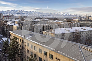 Bishkek against the background of snowy winter mountains