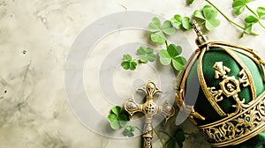 Bishop St. Patrick's vestment, headdress decorated gold cross and green precious stones, shamrock, light background.