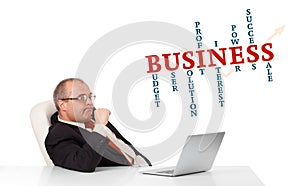 bisinessman sitting at desk and looking laptop with business word cloud
