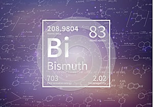 Bismuth chemical element with first ionization energy, atomic mass and electronegativity values on scientific background