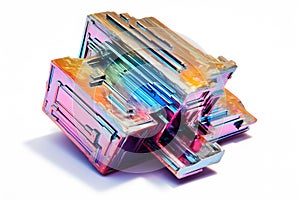 Bismuth hopper crystal with stairstep crystal structure and iridescent colors on white background